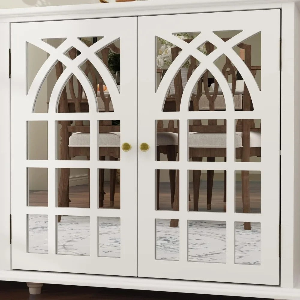 Modern White Sideboard Cabinet with Carved Mirror Doors & Adjustable Storage – Buffet Console for Kitchen, Dining, or Entryway