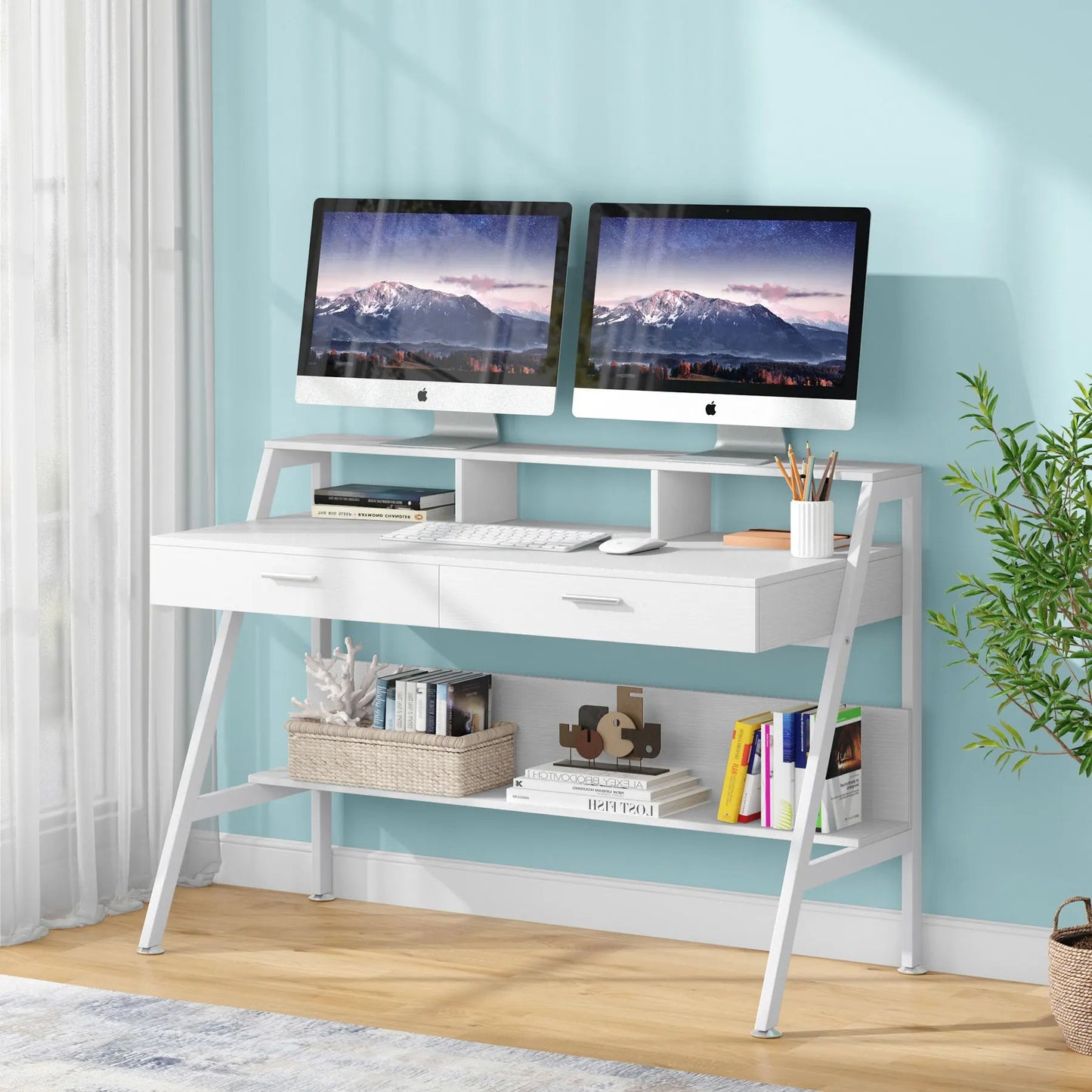 47" Computer Desk with Monitor Riser, Drawers & Shelf – Modern Study Table with Storage