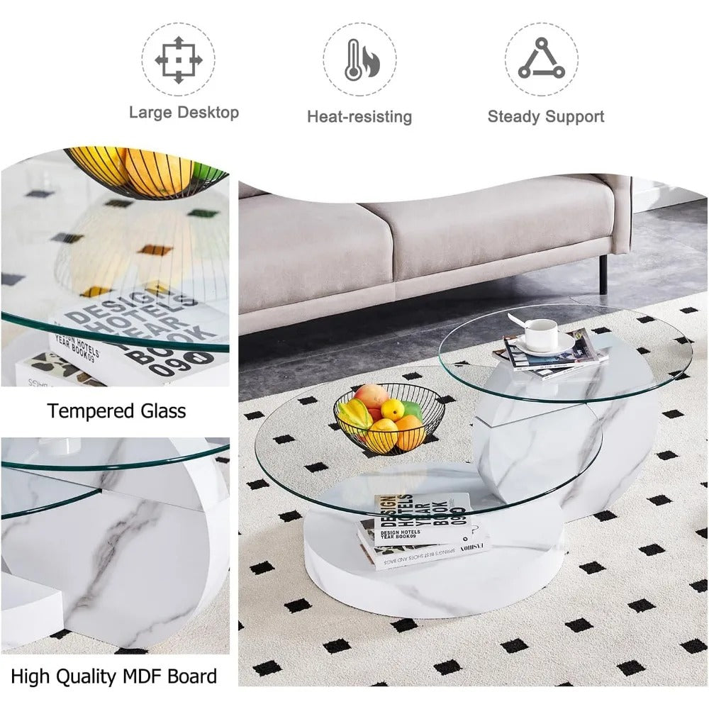 Modern Round Glass Coffee Table – 3-Tier Circle Table with Tempered Glass Top & Storage Shelves for Living Room or Small Spaces, White