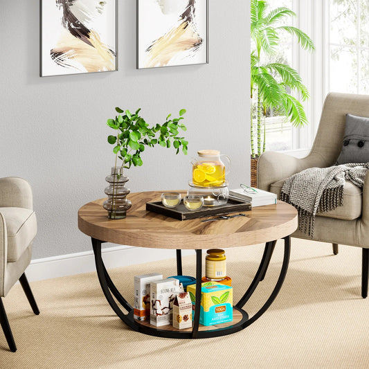 Modern Round Coffee Table with Storage – 2-Tier Wooden Circle Table for Living Room or Office