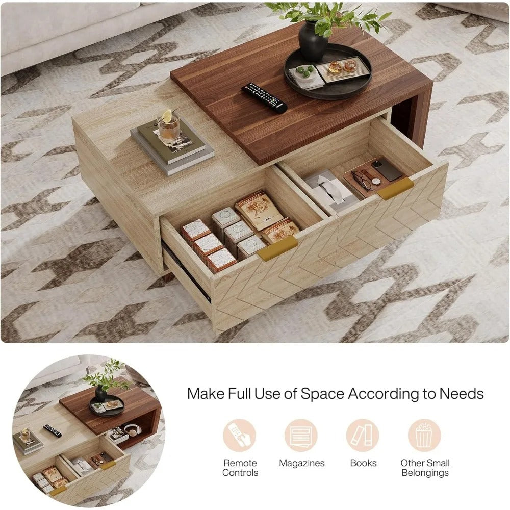 Expandable Coffee Table, 42"-65" Adjustable Wood Table with Storage Drawers – Dual-Tone Walnut Oak Finish for Living Room