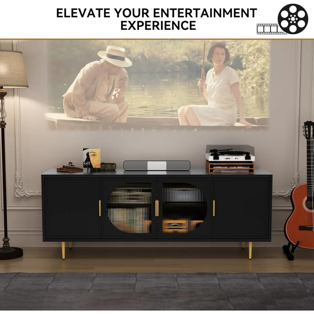 66" Modern Black TV Stand with 4 Glass Doors – Media Console for TVs Up to 75", Storage Cabinet with Shelves & Cable Management