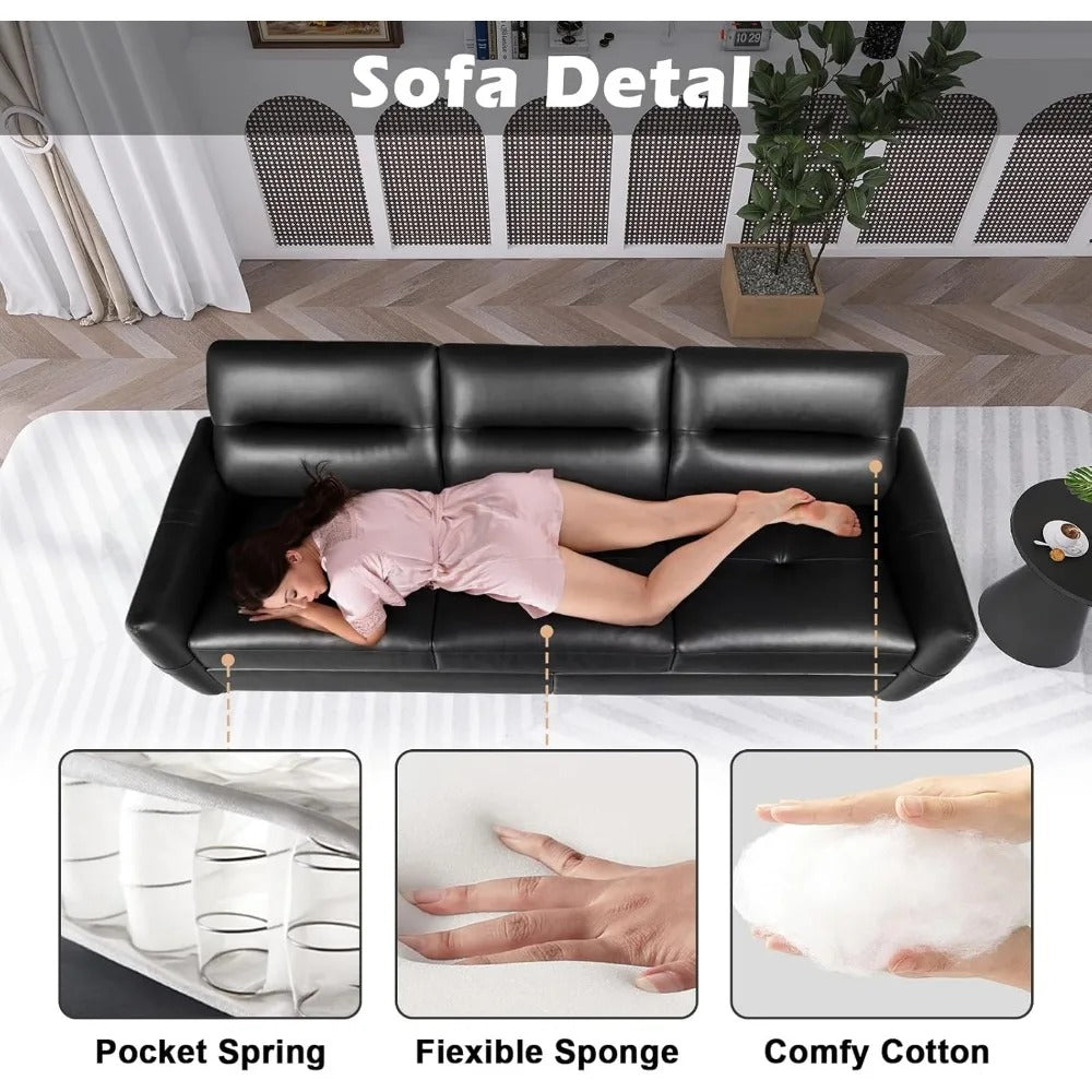 85” Faux Leather Sofa with USB Ports – Mid-Century Modern 3-Seater Couch, Scratch-Resistant Black Leather Sofa for Living Room or Office