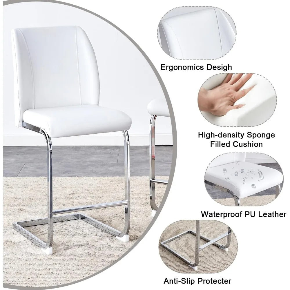 5-Piece Counter Height Dining Set with 63" Faux Marble Table & 4 White Leather Barstools – Modern Kitchen & Bar Table Set