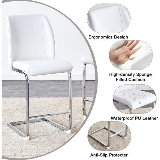 5-Piece Counter Height Dining Set with 63" Faux Marble Table & 4 White Leather Barstools – Modern Kitchen & Bar Table Set