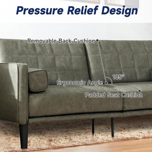 70” Mid-Century Modern Faux Leather Couch – Armless Loveseat with Cushioned Seats for Living Room or Office (Olive Green)