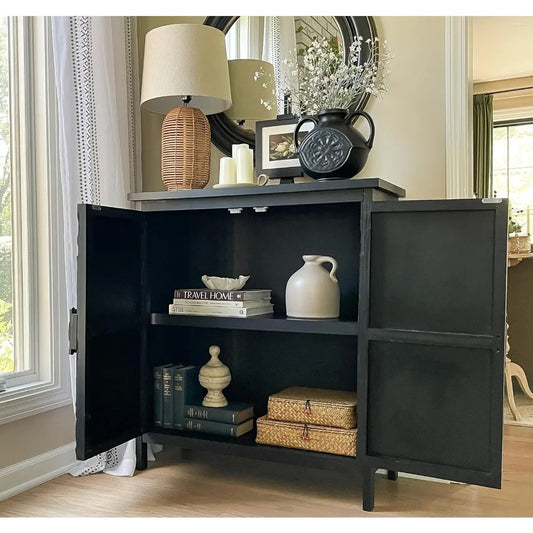 Black Floral Carved Accent Cabinet – 2-Door Vintage Storage Sideboard with Embossed Doors, Engineered Wood Console for Entryway or Living Room