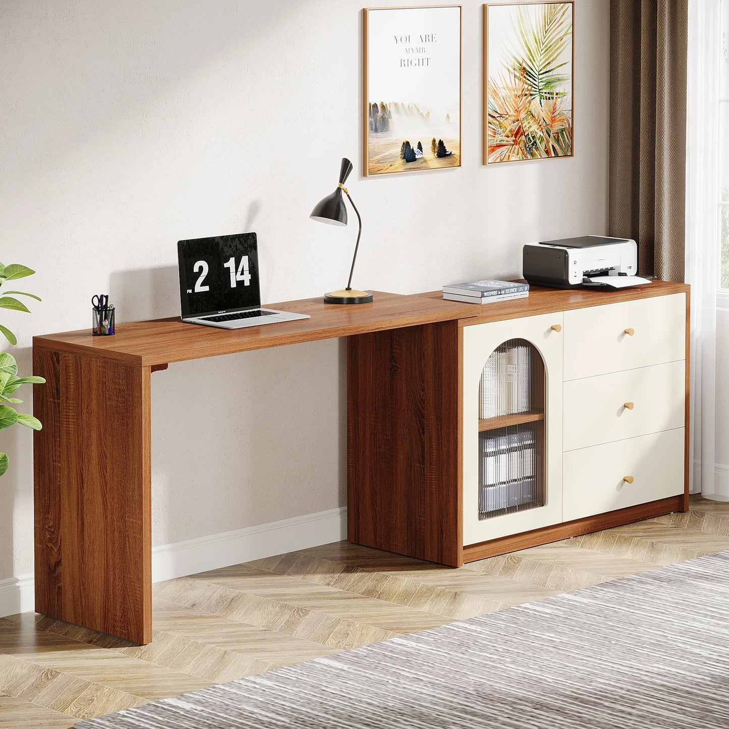 Modern L-Shaped Computer Desk with Drawers and Reversible Cabinet
