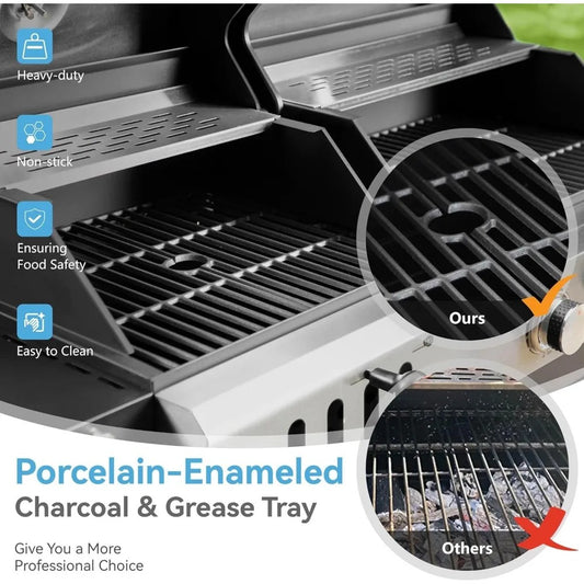 3-Burner Gas & Charcoal Grill Combo with Side Burner, 685 sq.in Cooking Area, 37,000 BTUs, Cast Iron Grates, Built-in Thermometer