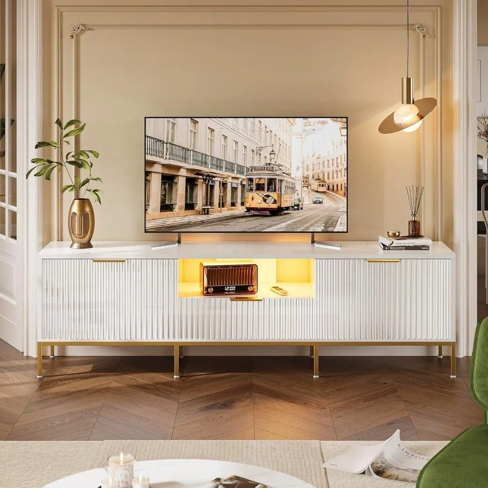 70" Fluted TV Stand for TVs up to 80" – Modern High Gloss Entertainment Center with LED Lights, Storage Cabinets & Gold Accents – White
