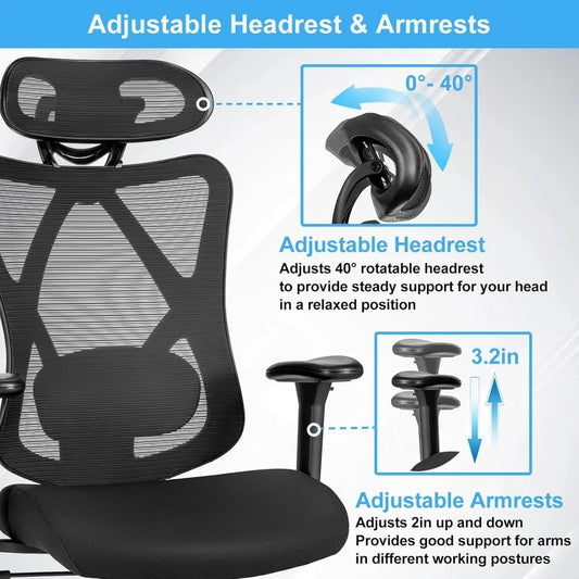 Ergonomic Mesh Office Chair with 2D Lumbar Support – High Back Desk Chair with Adjustable Headrest & Armrests