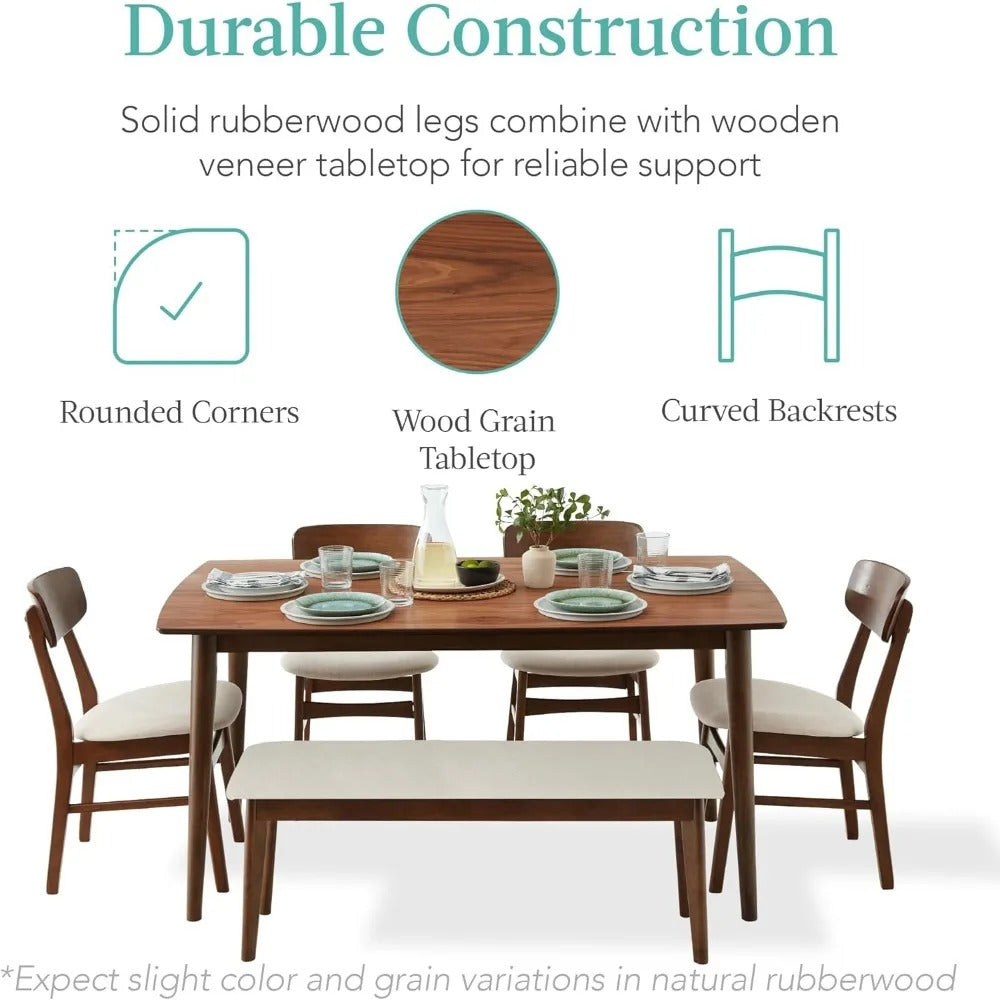 6-Piece Mid-Century Dining Set – Walnut Table with Upholstered Chairs & Bench