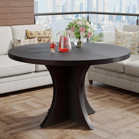 47" Round Farmhouse Dining Table for 4–6, Wood Pedestal Kitchen Table