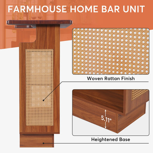 Farmhouse Rattan Home Bar Cabinet with 4 Shelves, Stemware Racks & Elevated Base – Rustic Liquor Storage Table
