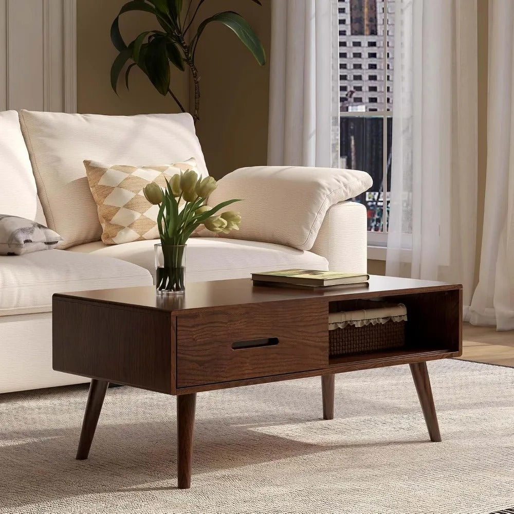 100% Solid Wood Mid-Century Modern Coffee Table – 39.37" Coffee Table with 2 Drawers & Open Shelf, Walnut Finish