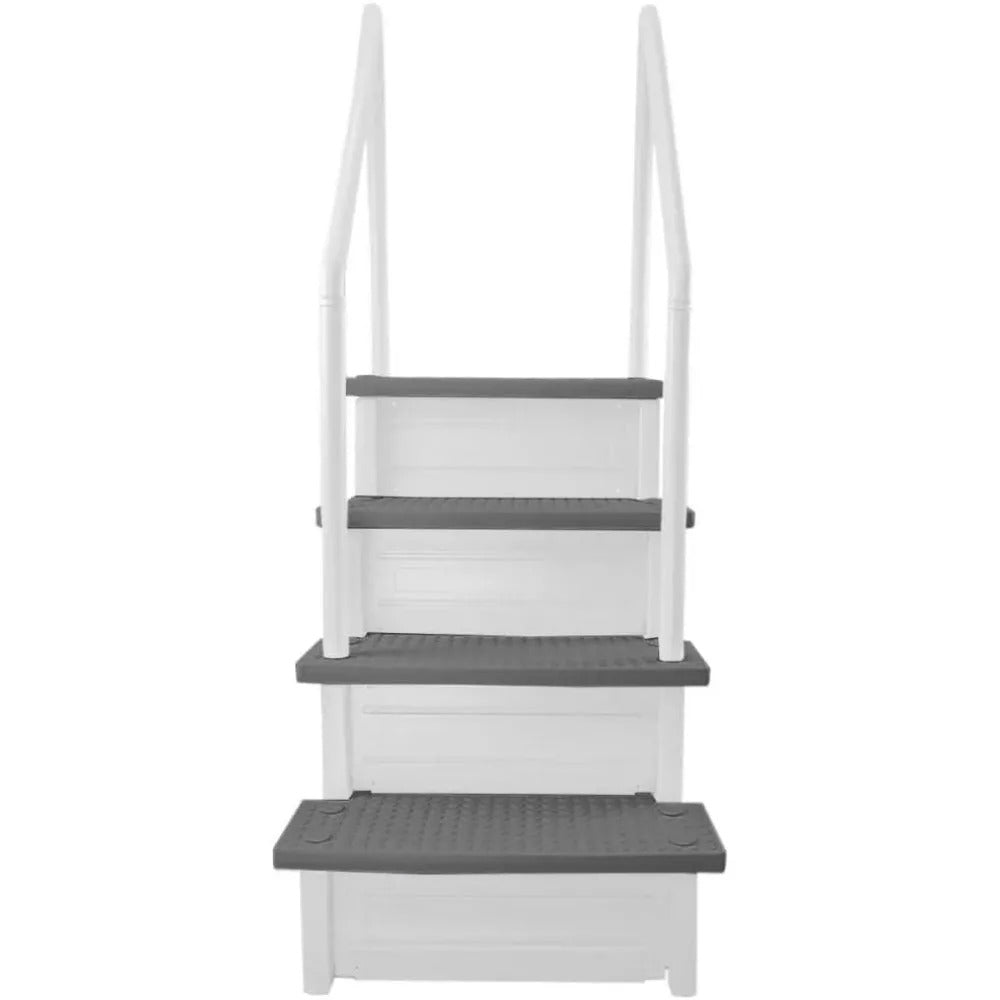 Anti-Slip In-Pool Step System with Flip-Up Outside Ladder – White/Gray for Above Ground Pools with Decks up to 54"