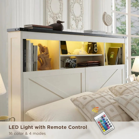 Farmhouse Queen Bed Frame with 52" Storage Headboard, LED Lights, Charging Station & 4 Drawers – Solid Wood Slats, White