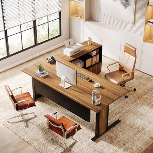 63" L-Shaped Executive Computer Desk with File Cabinet – Retro Office Workstation with Reversible Design & Storage Drawers