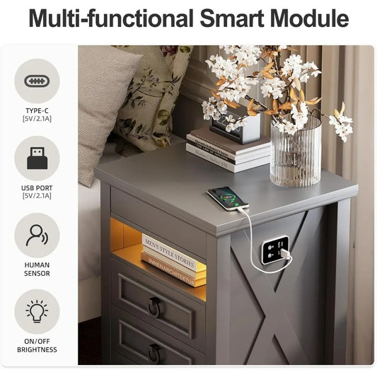 Modern Farmhouse Nightstand with Hidden Gun Drawer, LED Lights & Charging Ports – 3-Drawer Bedside Table with Sensor Lighting