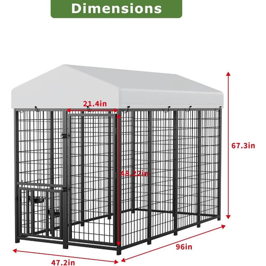 Large Outdoor Dog Kennel with Roof & Feeding Bowls – Metal Pet Run Enclosure (8' x 4' x 5.6')