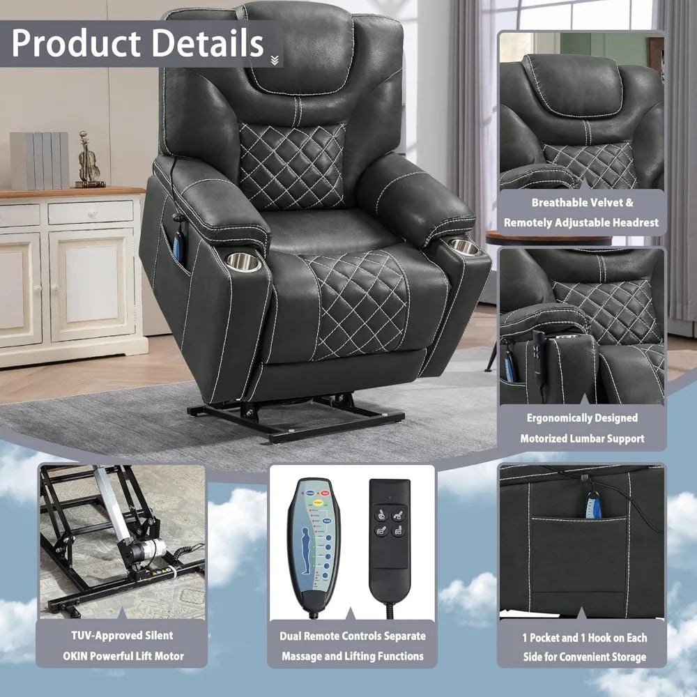 9988 Power Lift Recliner Chair with Massage & Heat – Lay Flat Dual Motor Recliner for Seniors, Infinite Position, High-Density Foam, Cup Holder & Storage, Faux Leather