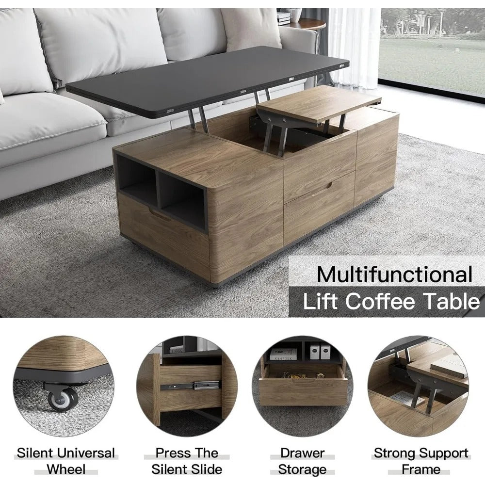 3-in-1 Lift-Top Coffee Table with Hidden Stools – Convertible Center Table to Dining or Desk, Storage, Wheels, Brown