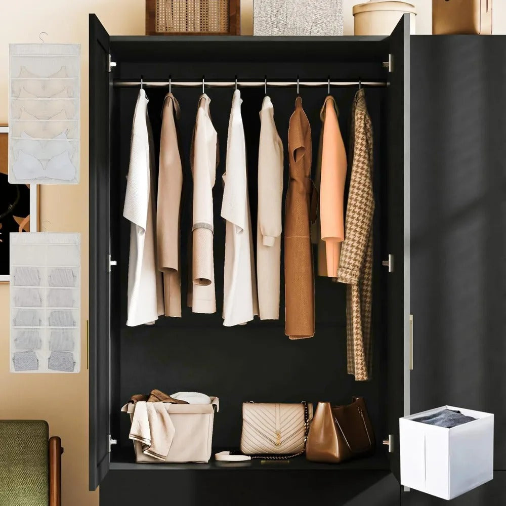 Modern 3-Door Black Wardrobe with Mirror & RGB Lights – Spacious Armoire Closet with Organizers & Hanging Rod