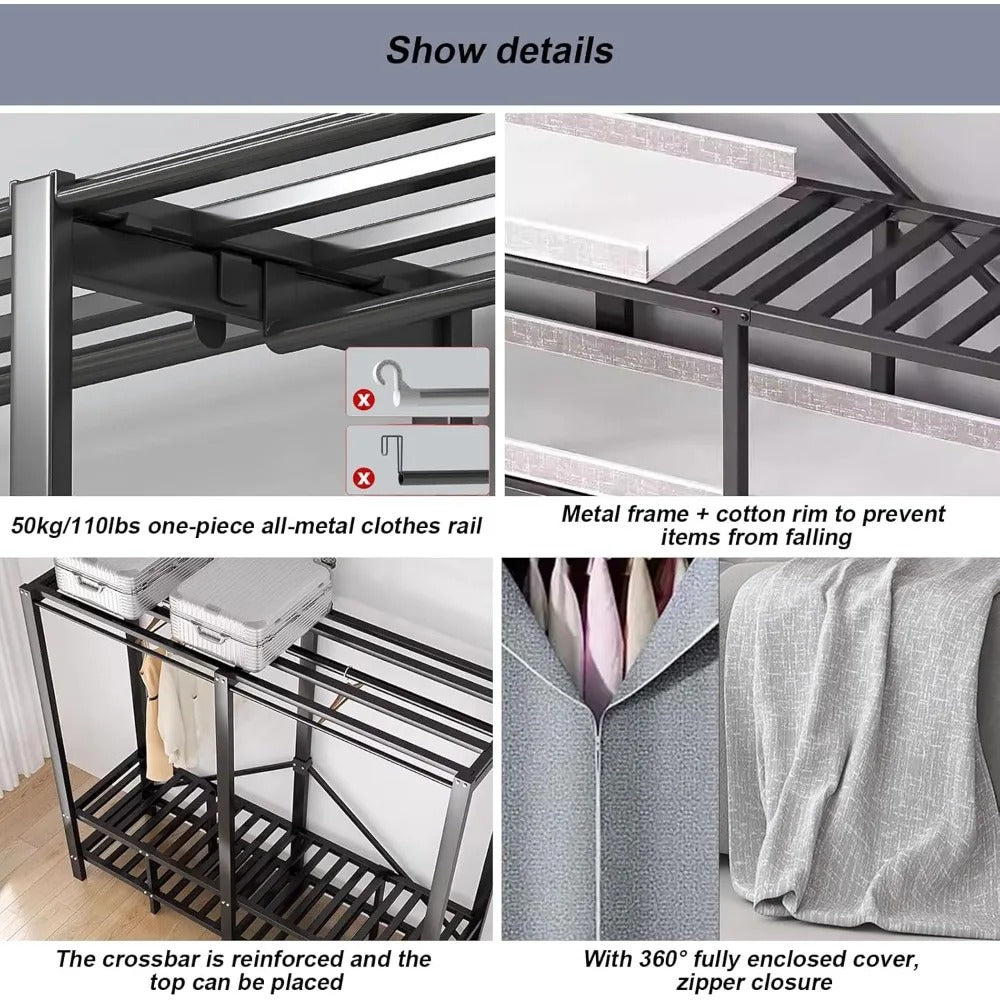 Heavy-Duty Foldable Wardrobe Closet Rack with Cover – 1100lbs Freestanding Portable Clothes Organizer with Shelves & Hanging Rods