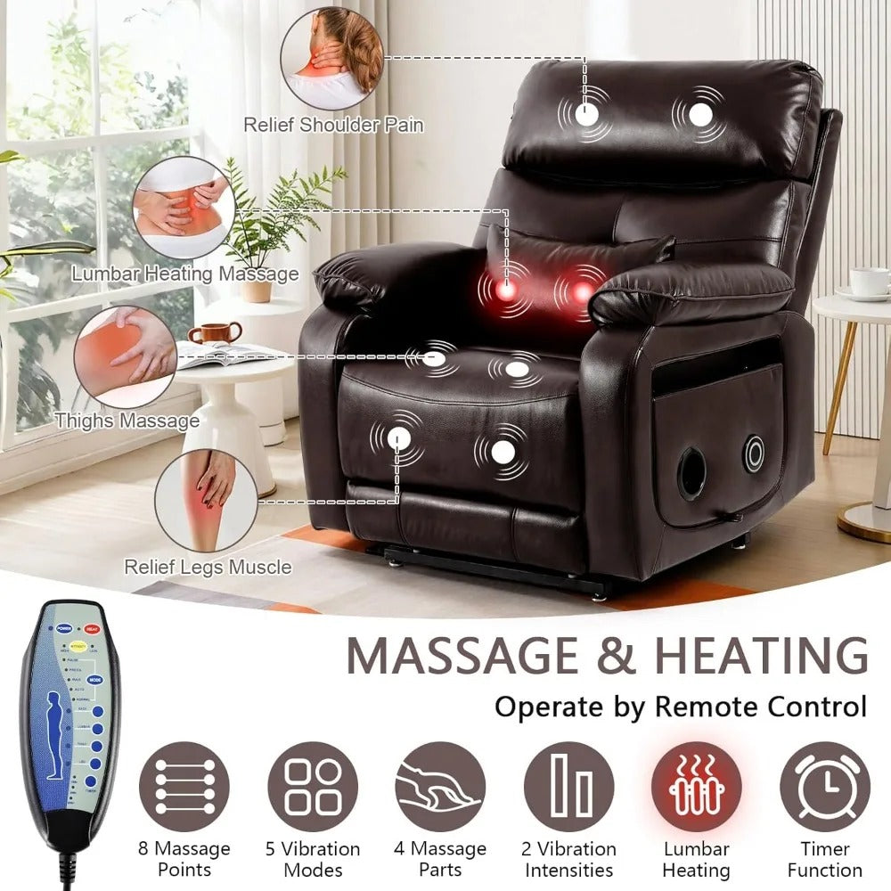 Dual Motor Power Lift Recliner Chair with Massage & Heat – Lay Flat Infinite Position Recliner for Adults & Seniors, Foldable Tray, Cup Holder, USB Charging, Faux Leather