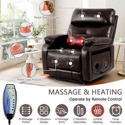 Dual Motor Power Lift Recliner Chair with Massage & Heat – Lay Flat Infinite Position Recliner for Adults & Seniors, Foldable Tray, Cup Holder, USB Charging, Faux Leather