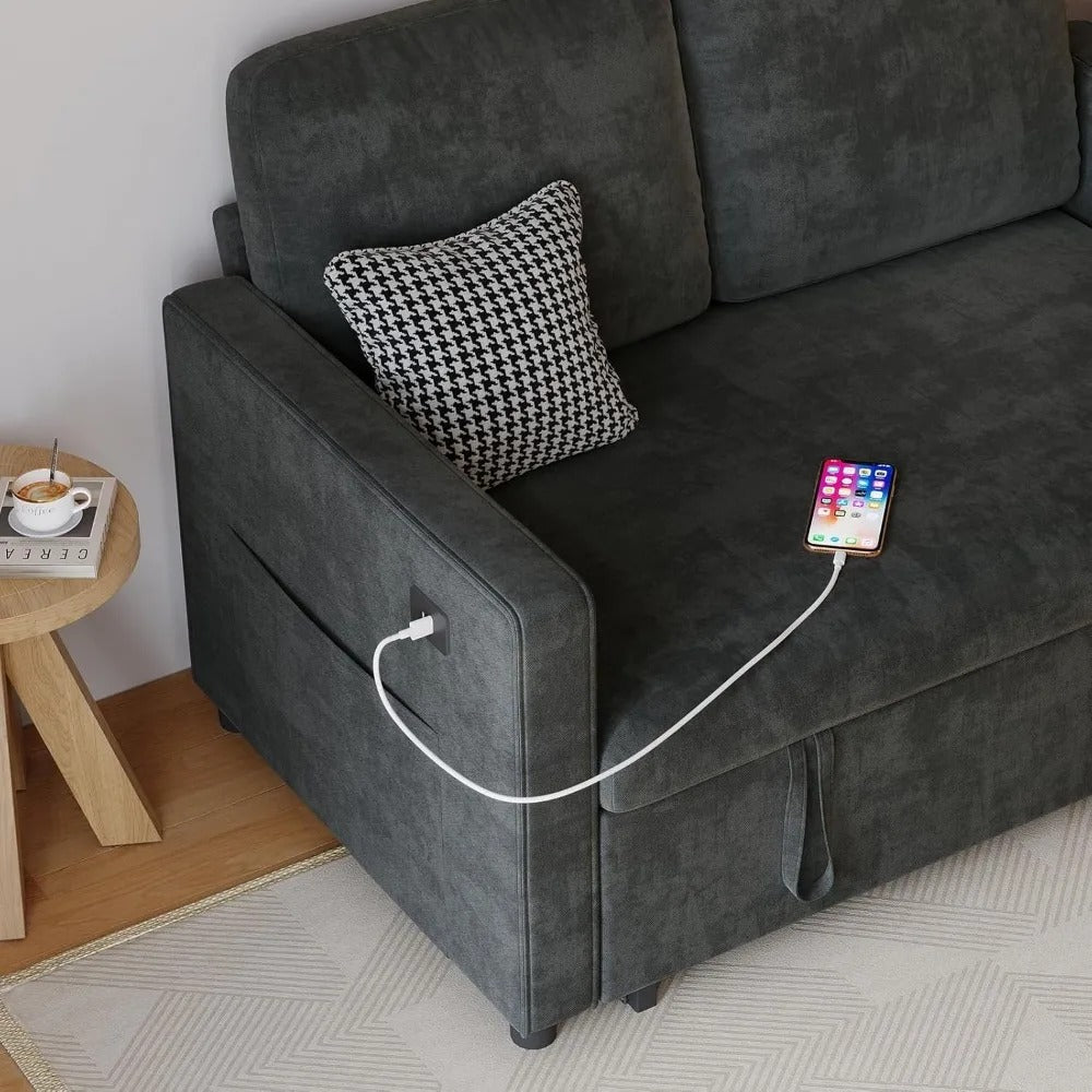 3-in-1 Convertible Sleeper Sofa Bed – 54" Pull-Out Loveseat with Adjustable Backrest, Storage Pockets & USB/Type-C Charging Ports