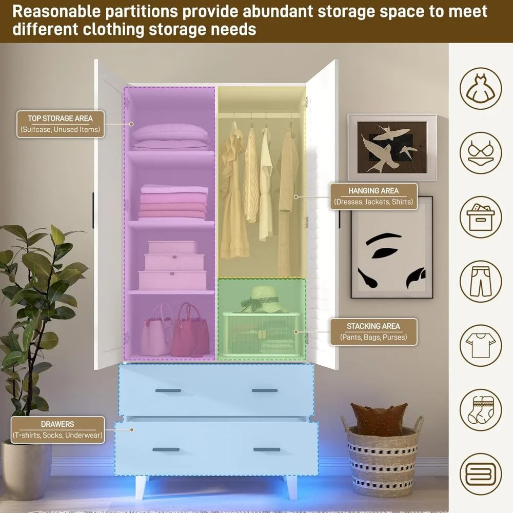 2-Door Armoire Wardrobe Closet with Drawers & LED Lights – Hanging Rod, Shelves, and Louver Doors, White Modern Storage Cabinet