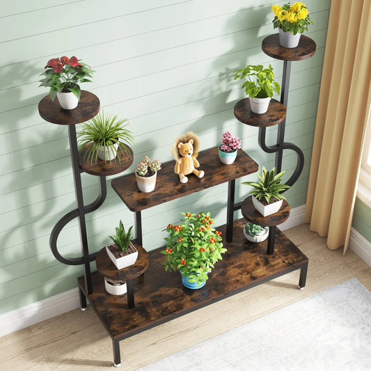 Modern Indoor Plant Stand – Tall Multi-Level Shelf with Round & Square Boards for Living Room or Balcony