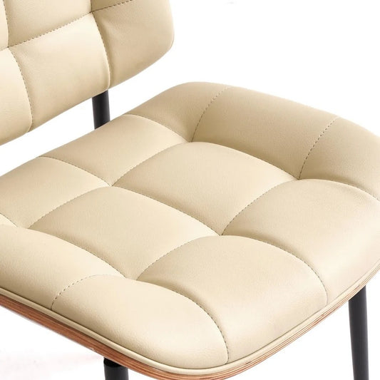 Mid-Century Modern Dining Chairs Set of 4 – Walnut Grain Back, Beige Faux Leather Upholstery, Checkered Cushion, Metal Frame