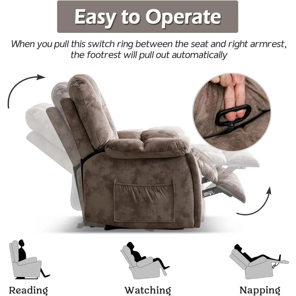 Manual Heated Recliner Chair with Massage, Cup Holders & Overstuffed Back – Soft Fabric Lounge Chair for Full-Body Relaxation (Brown)