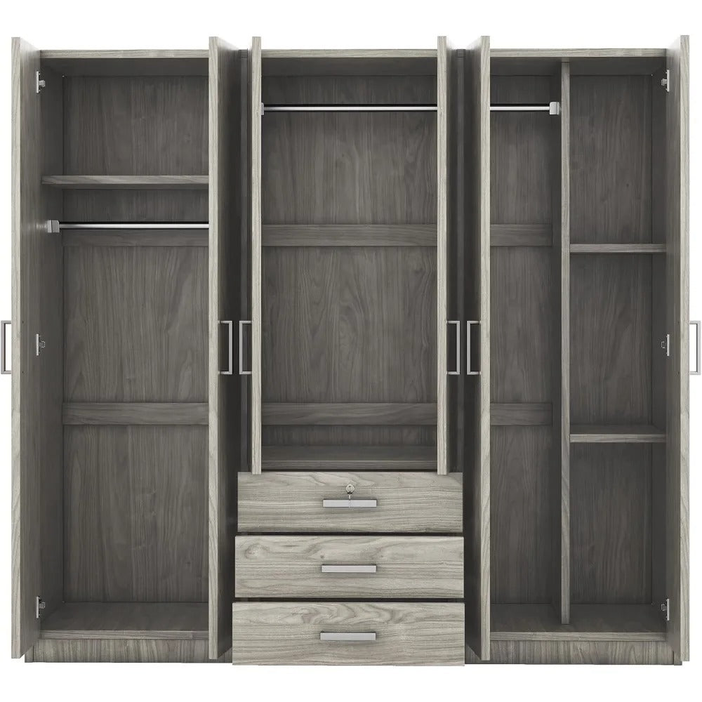 6-Door Wardrobe Closet with 3 Drawers & Lockable Storage – Modern Freestanding Armoire Organizer for Bedroom