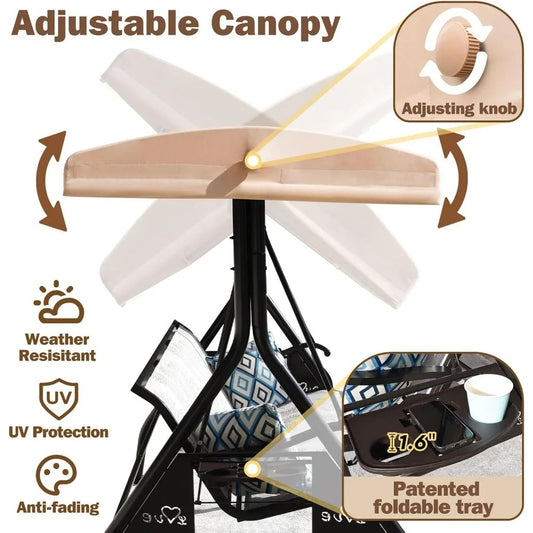 3-Person Outdoor Patio Swing with Adjustable Canopy & Upgraded Cup Holders – Textilene Fabric Porch Swing Chair