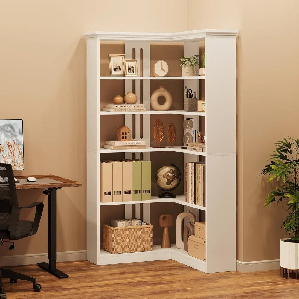 72" L-Shaped Corner Bookshelf – 5-Tier Rustic Wood Bookcase with Anti-Tip Design & Heavy-Duty Storage for Living Room or Office