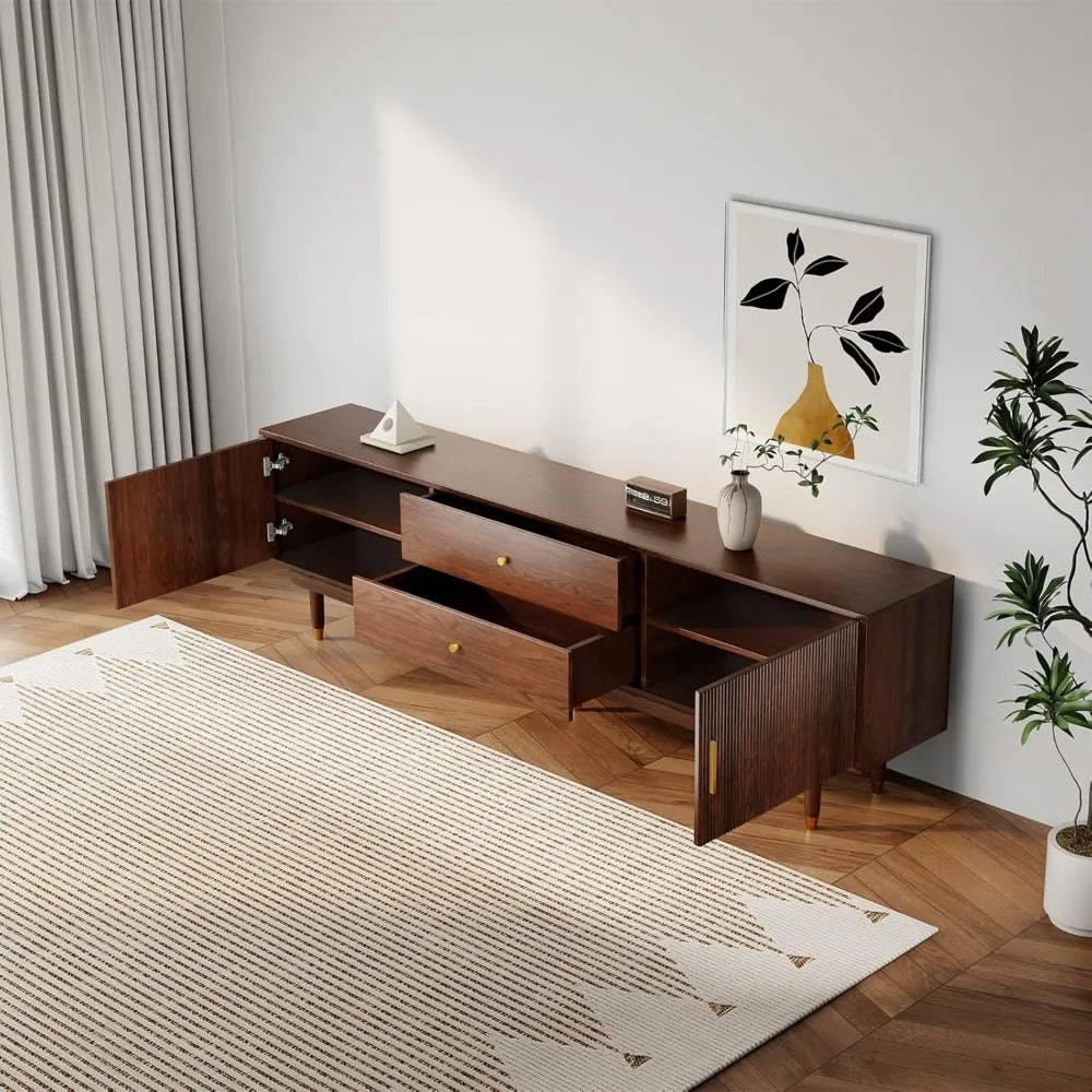 Mid-Century Modern TV Stand – 70" Walnut Entertainment Console with Storage & Drawers