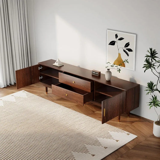 Mid-Century Modern TV Stand – 70" Walnut Entertainment Console with Storage & Drawers