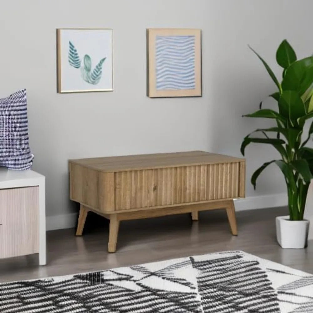 Lift-Top Coffee Table with Hidden Storage – 36" Rectangular Fluted Accent Table, Mid-Century Modern Design in Golden Oak