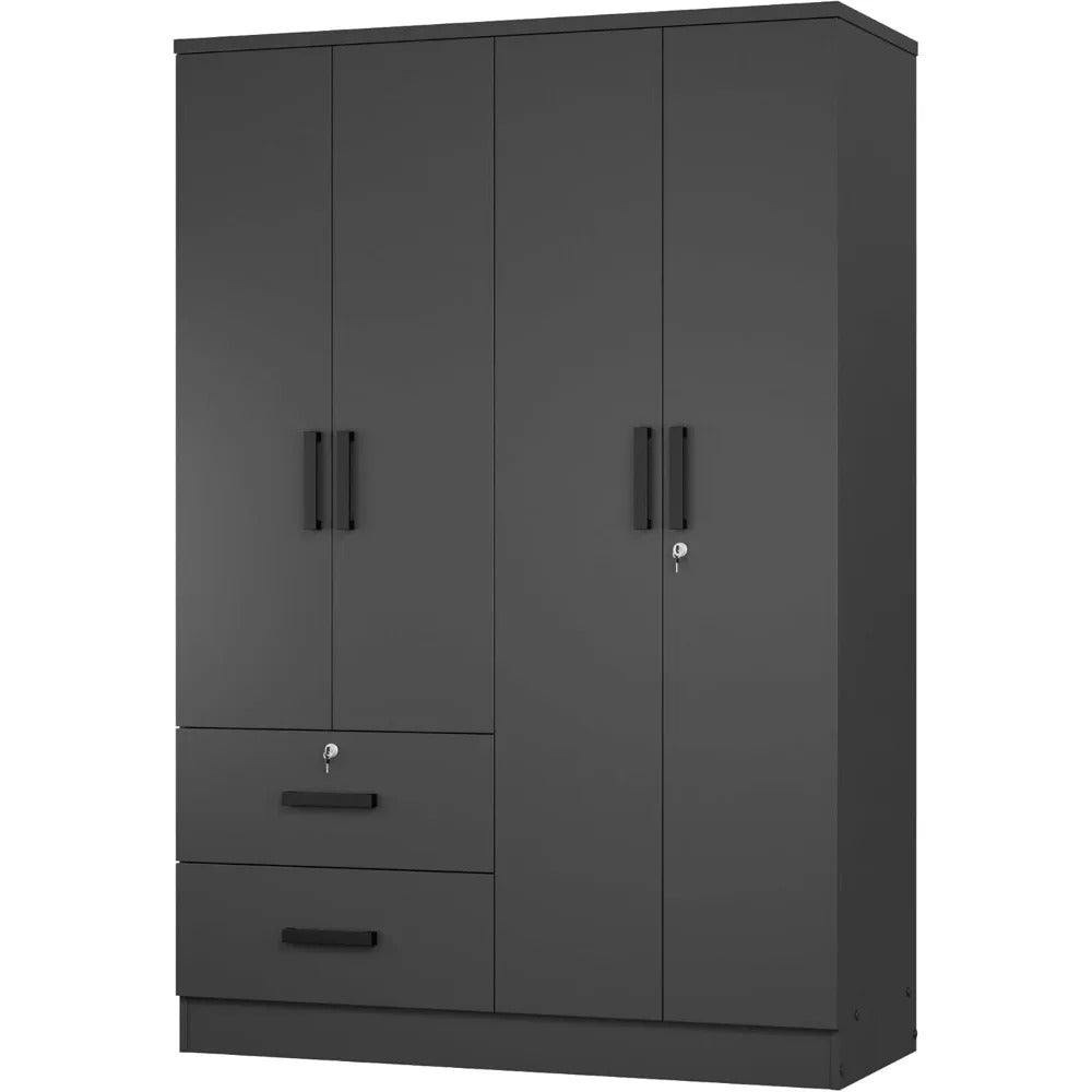 72" Black 4-Door Wardrobe with Lockable Storage, Hanging Rod & 2 Drawers – Modern Closet Organizer
