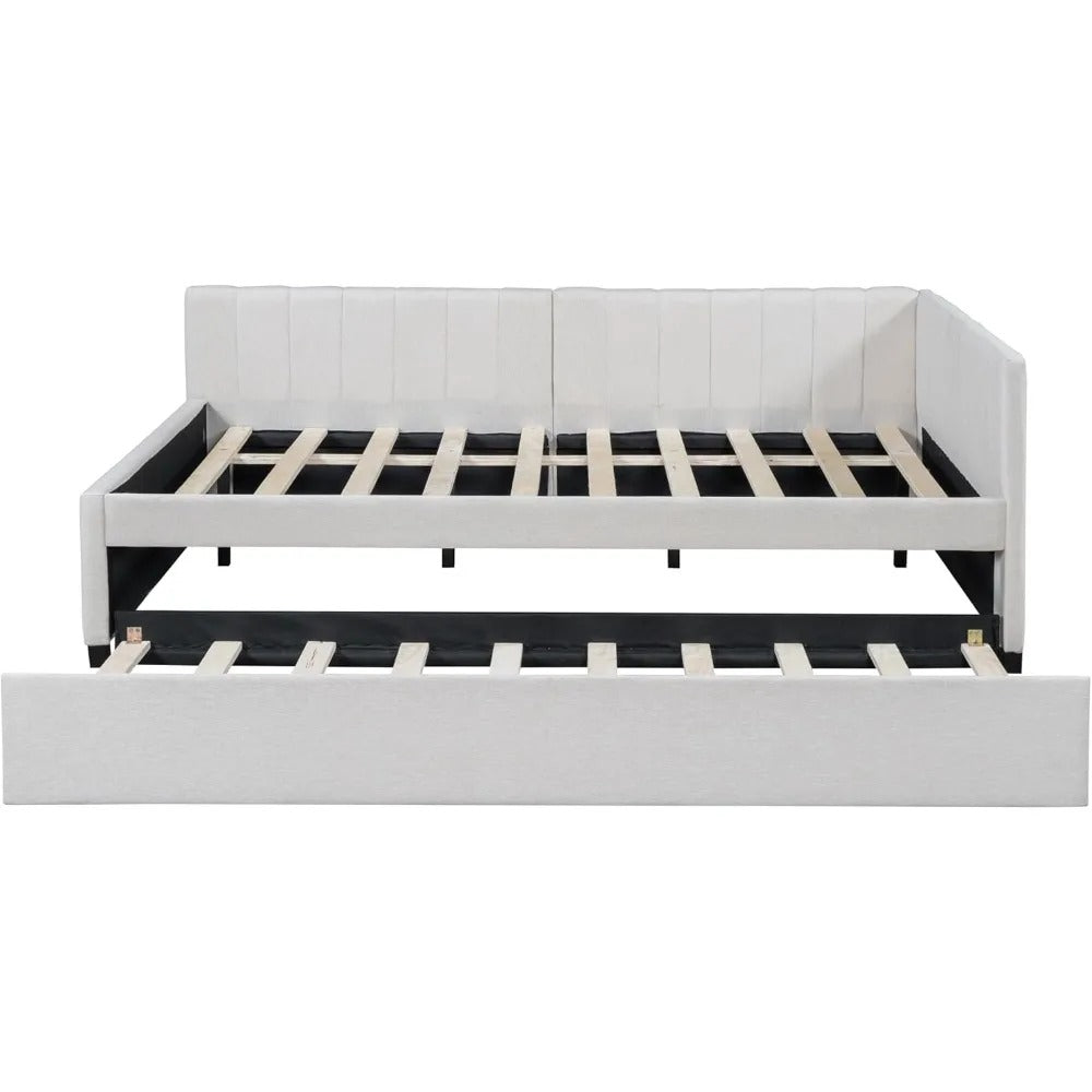 Full Size Upholstered Daybed with Twin Trundle – Linen Fabric Sofa Bed Frame, No Box Spring Needed, Beige