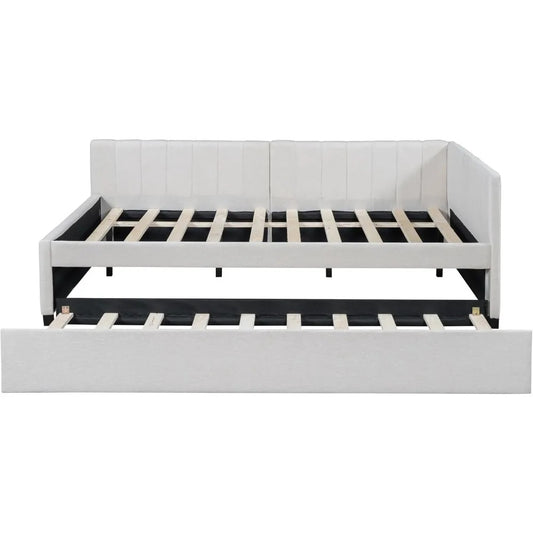 Full Size Upholstered Daybed with Twin Trundle – Linen Fabric Sofa Bed Frame, No Box Spring Needed, Beige