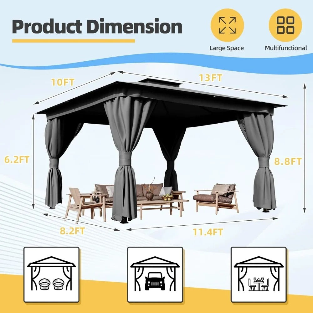10x13 FT Outdoor Patio Gazebo with Curtains & Netting – Heavy Duty Double Roof Canopy for Backyard, Deck, or Garden