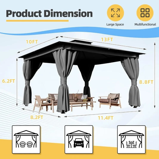 10x13 FT Outdoor Patio Gazebo with Curtains & Netting – Heavy Duty Double Roof Canopy for Backyard, Deck, or Garden