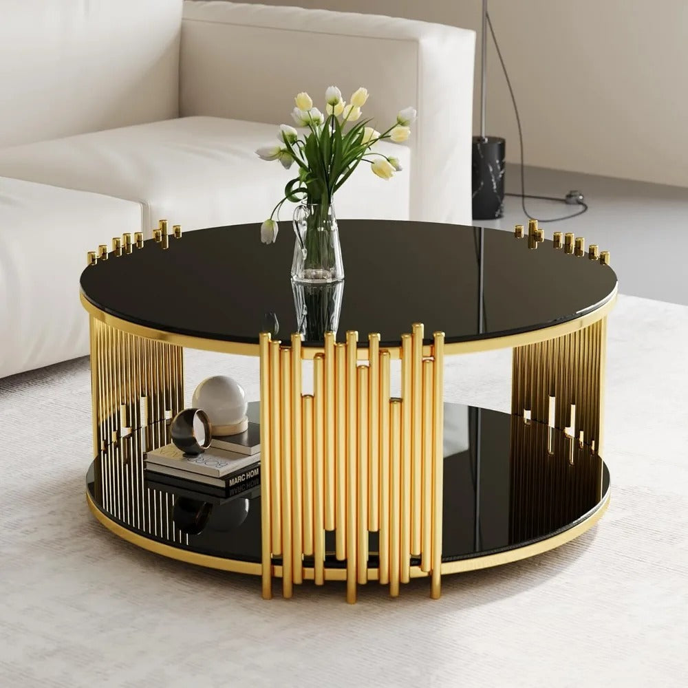 36" Black & Gold Round Glass Coffee Table – Modern 2-Tier Luxury Coffee Table with Tempered Glass and Gold Stainless Steel Frame