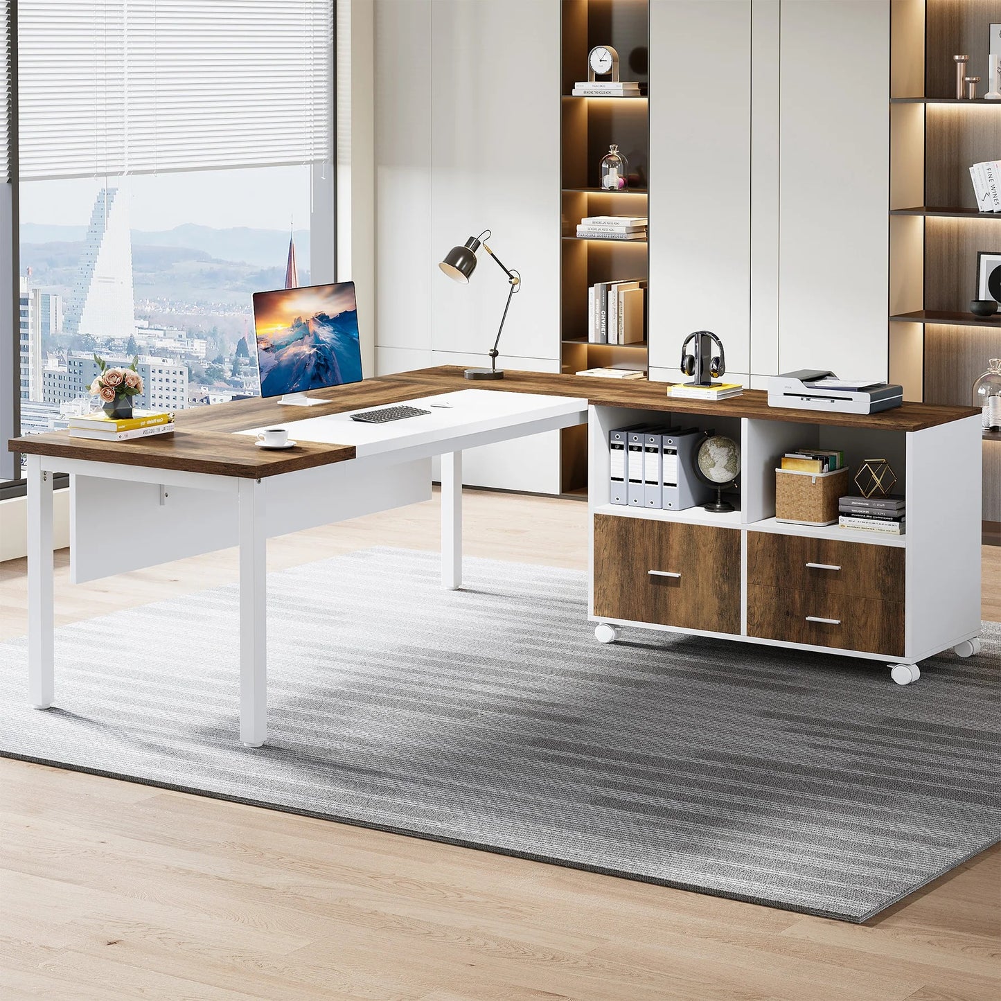 A spacious and versatile L-shaped desk and filing cabinet set for a stylish, productive home office. Perfect for multitasking, organizing, and maximizing workspace.