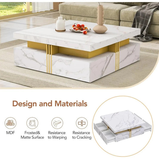 Modern Square Coffee Table with 4 Drawers – White & Gold Center Table with Sliding Top, Puzzle Design & Storage Compartments