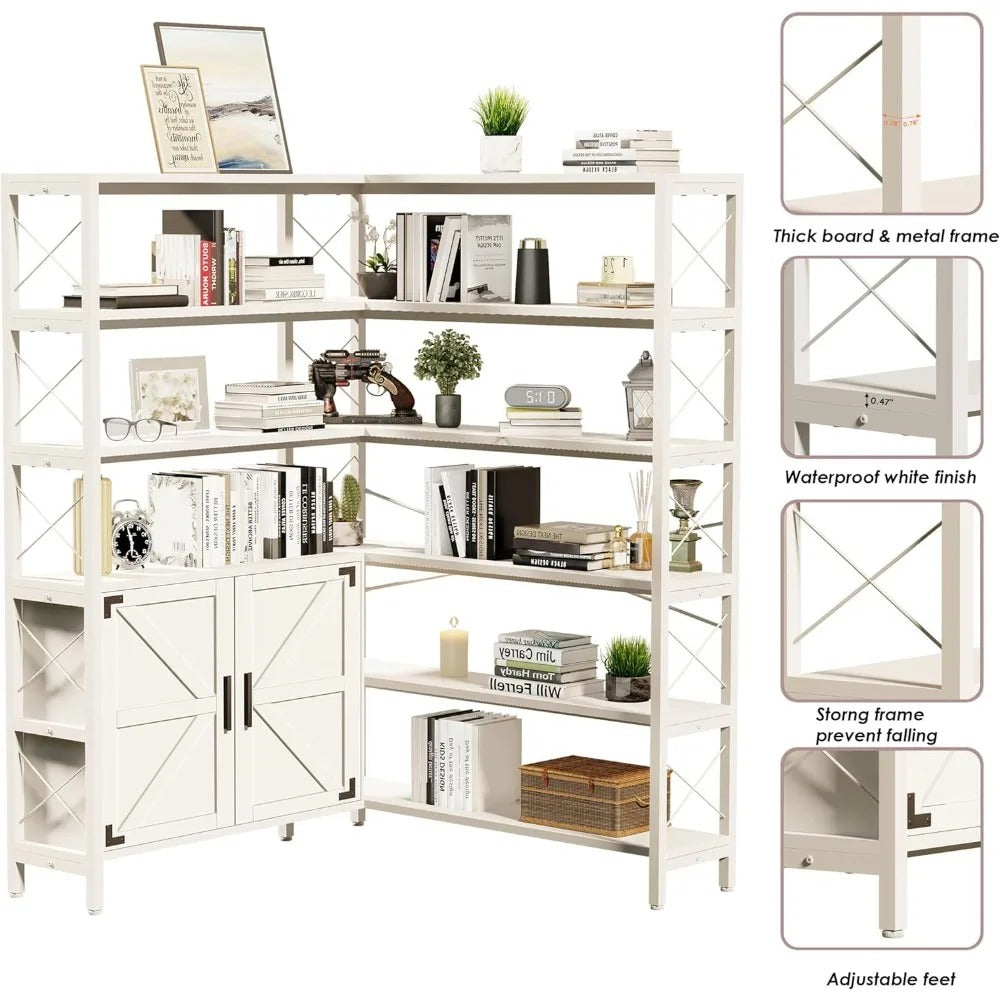 6-Tier L-Shaped Industrial Corner Bookshelf with Cabinet – Large Freestanding Metal & Wood Bookcase for Living Room or Office